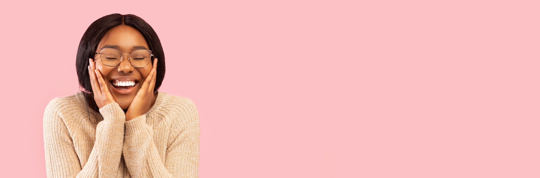 Excited Black Lady Smiling Touching Face Posing On Pink Background